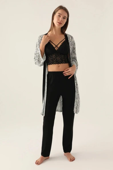 Arnetta 2899 Pamuklu 3'lü Sabahlıklı Kadın Pijama Takım SİYAH ürün görseli 1