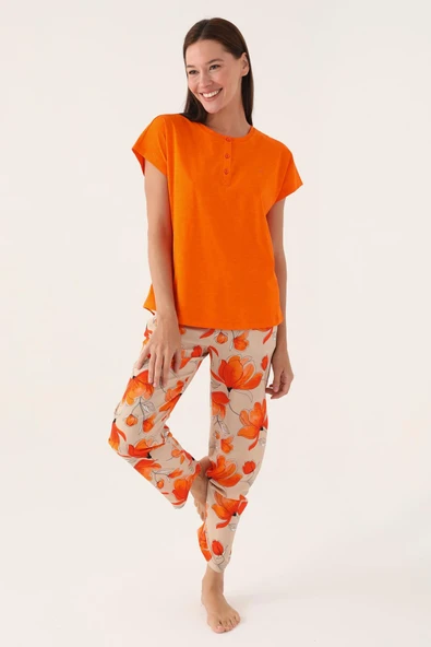 Pierre Cardin 8812  Kadın Kısa Kollu Pijama Takımı TURUNCU - Resim 3