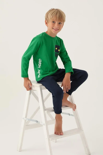Roly Poly 3338 Pamuklu Uzun Kollu Erkek Çocuk Pijama Takımı YEŞİL - Resim 2