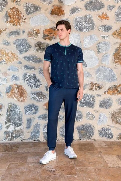 DOREANSE 4510 PAMUKLU KISA KOLLU ERKEK PİJAMA TAKIM LACİVERT ürün görseli 1