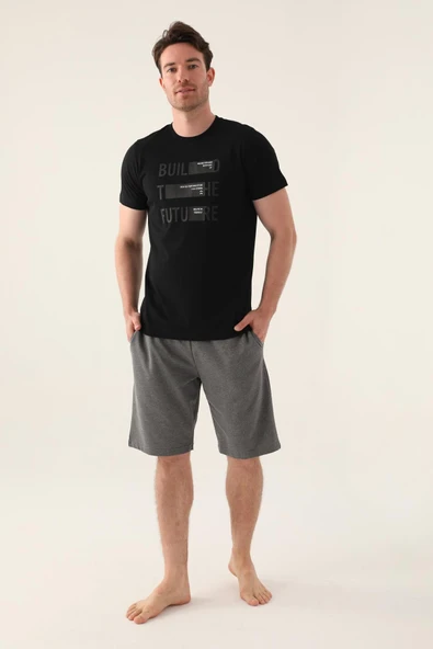 Arnetta 3000 Pamuklu Kısa Kollu Erkek Bermuda Takım SİYAH - Resim 2