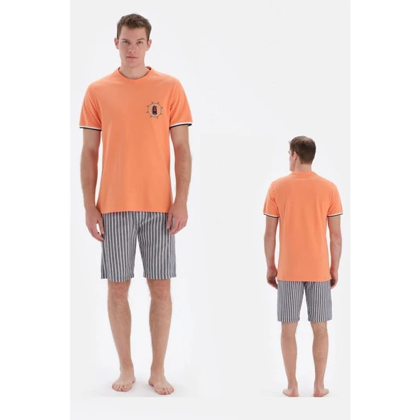Eros 33042 Pamuklu Kısa Kollu Erkek Şortlu Pijama Takımı TURUNCU - Resim 2