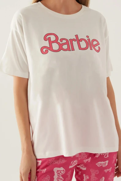 Barbie 1704 Pamuklu Anne Kız Kısa Kollu Kadın Pijama Takımı Beyaz - Resim 4