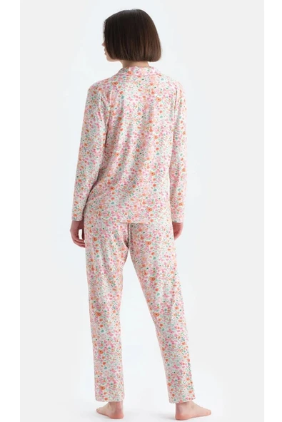 Eros 33518 Pamuklu Gömlek Yaka Önden Düğmeli Uzun Kollu Kadın Pijama Takımı PEMBE - 2