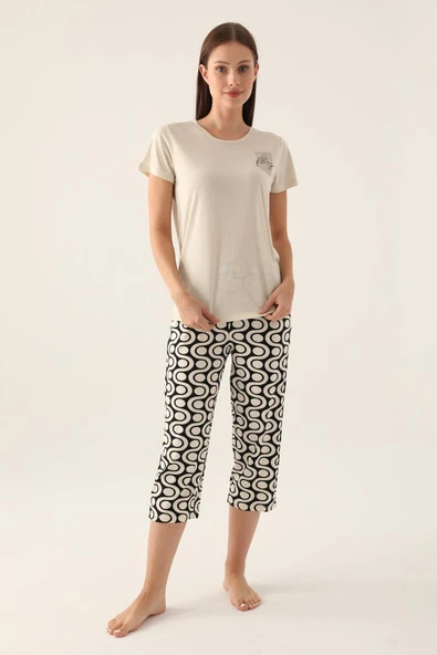 Arnetta 2894 Kısa Kollu Kadın Kapri takım KREM ürün görseli 1