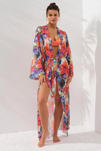 Pierre Cardin Belden Bağlamalı Uzun Kimono Coral 231812-D Violet 1 ürün görseli 1