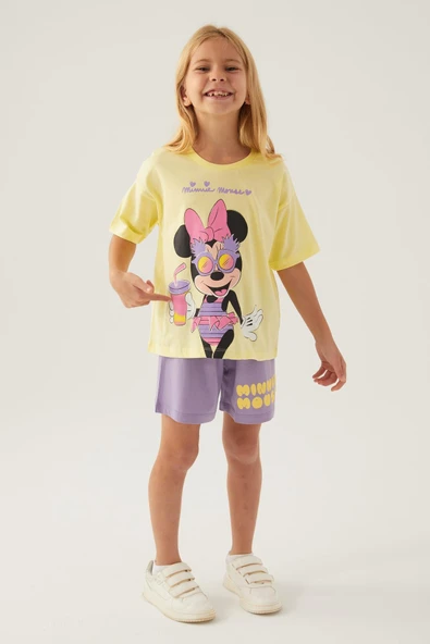 Minnie Mouse 4888 Pamuklu Kısa Kollu Kız Çocuk Şort Takım SARI - 1