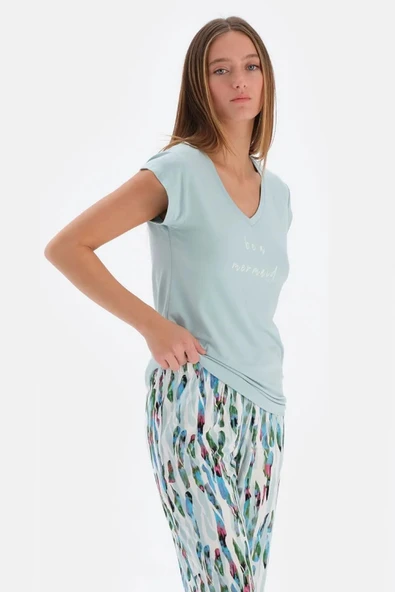 Eros 33580 Pamuklu Kısa Kollu V Yaka Kadın Pijama Takım Mint ürün görseli 1