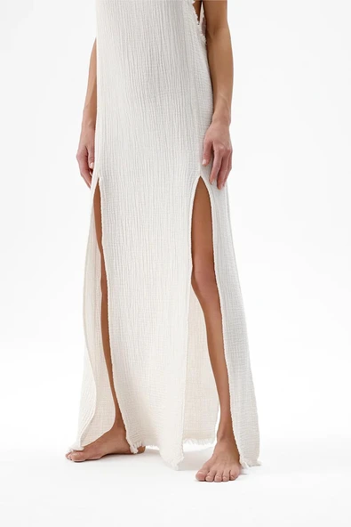 İki Kız Crinkle Yırtmaçlı Elbise KREM - Resim 6