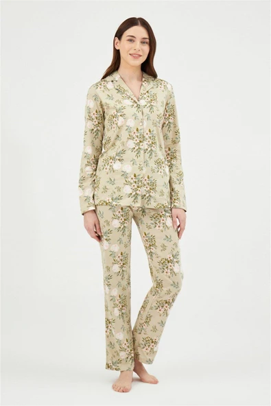 EROS GÜL DESENLİ GÖMLEK PİJAMA TAKIM YEŞİL