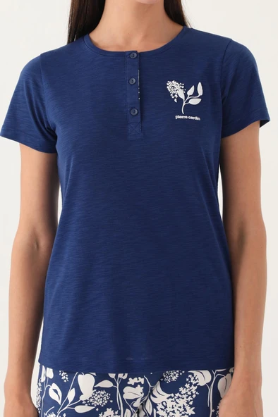 Pierre Cardin 8810 Kısa Kollu Patlı Kadın Pijama Takımı LACİVERT - Resim 4