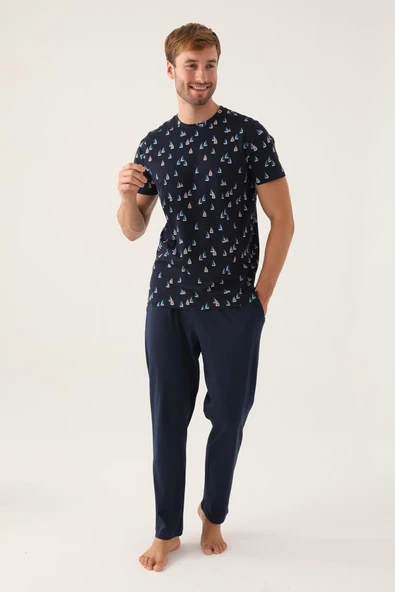 Arnetta 2992 Pamuklul Baba Oğul Kısa Kolu Erkek Pijama Takımı LACİVERT - Resim 2