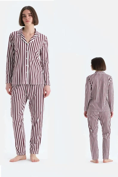 Eros 33600 Pamuklu Gömlek Yaka Önden Düğmeli Çizgili Kadın Pijama Takımı BORDO - 2