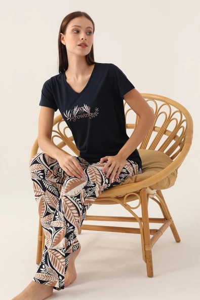 Arnetta 2915 Kısa Kol V Yaka Kadın Pijama Takımı LACİVERT - Resim 2