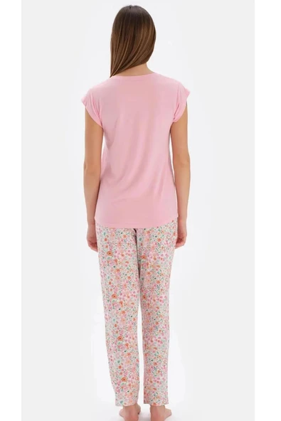 Eros 33510 Pamuklu Kısa Kollu V Yaka Kadın Pijama Takımı PEMBE - Resim 2