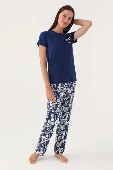 Pierre Cardin 8810 Kısa Kollu Patlı Kadın Pijama Takımı LACİVERT - Resim 2