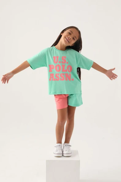 U.S Polo 1816 Pamuklu Kısa Kollu Kız Çocuk Şort Takım YEŞİL - Resim 3