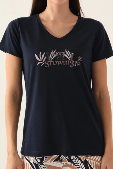 Arnetta 2915 Kısa Kol V Yaka Kadın Pijama Takımı LACİVERT - Resim 3