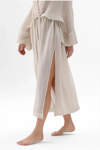 İki Kız Crinkle Bambu Vizon Kimono KREM - Resim 5