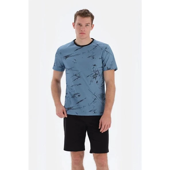 Eros 33082 Pamuklu Kısa Kollu Erkek Şortlu Pijama Takımı MAVİ ürün görseli 1