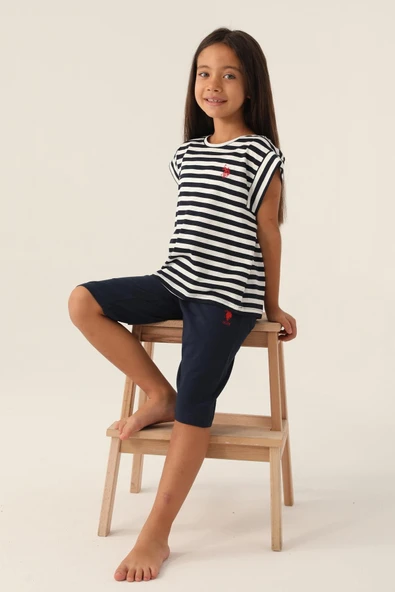 U.S Polo 1803 Pamuklu Kısa Kollu Kız Garson Kapri Takım LACİVERT - Resim 2