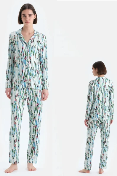 Eros 33588 Pamuklu Gömlek Yaka Önden Düğmeli Uzun Kollu Kadın Pijama Takımı Mint - 2