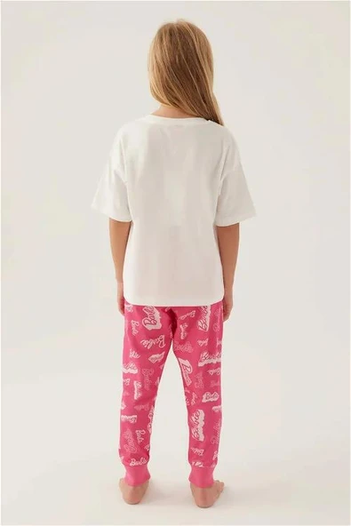 Barbie 1704 Pamuklu Anne Kız Kısa Kollu Kız Çocuk Pijama Takımı PEMBE - Resim 5