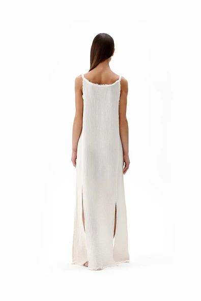 İki Kız Crinkle Yırtmaçlı Elbise KREM - Resim 3