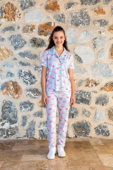 Doreanse 4007 Modal Battal Önden Düğmeli Kadın Pijama Takımı DESENLİ ürün görseli 1
