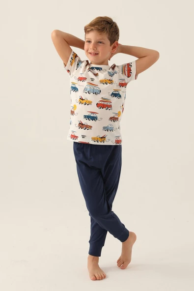 Roly Poly 3358 Pamuklu Kısa Kollu Erkek Çocuk Pijama Takımı Beyaz - 1