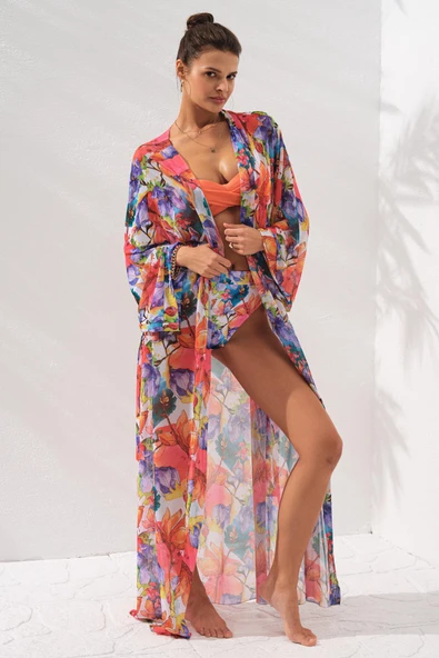 Pierre Cardin Belden Bağlamalı Uzun Kimono Coral 231812-D Violet 1 - Resim 4