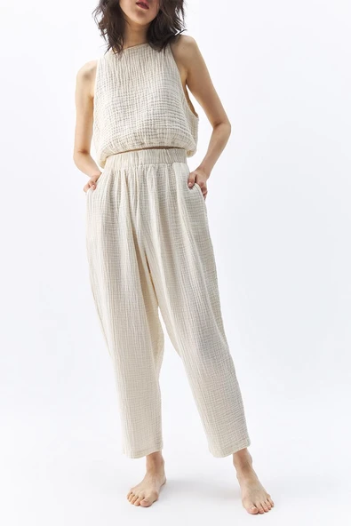İki Kız Crinkle Slouchy Pantolon KREM ürün görseli 1