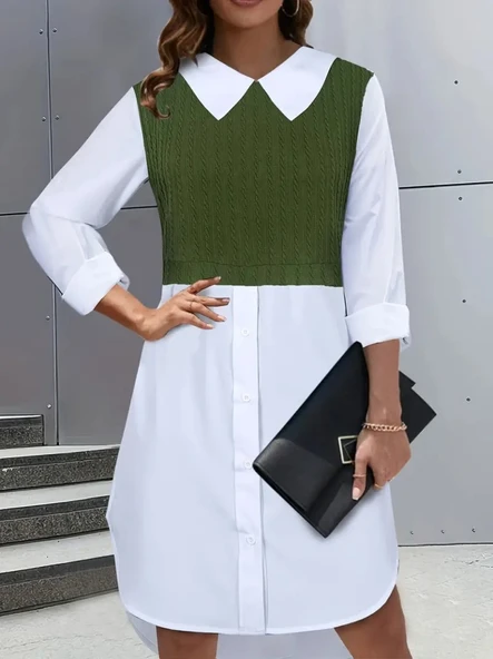 Kadın Uzun Kollu Gömlek Yaka çift Renkli Trikoton Elbise - Resim 2