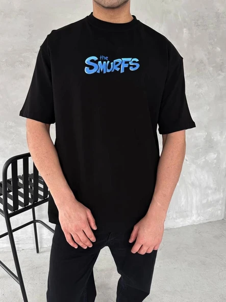 Ön Ve Arka Baskılı Oversize Bisiklet Yaka T-shirt- Siyah - Resim 2