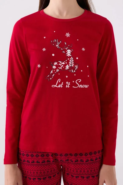 Arnetta 3106 Pamuklu Anne Kız Uzun Kollu Kadın Pijama Takımı KIRMIZI - Resim 6