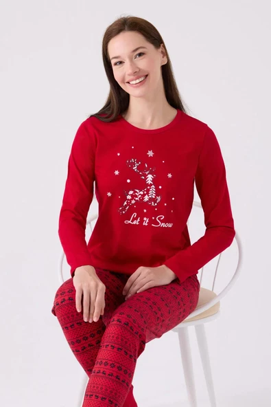 Arnetta 3106 Pamuklu Anne Kız Uzun Kollu Kadın Pijama Takımı KIRMIZI - Resim 4