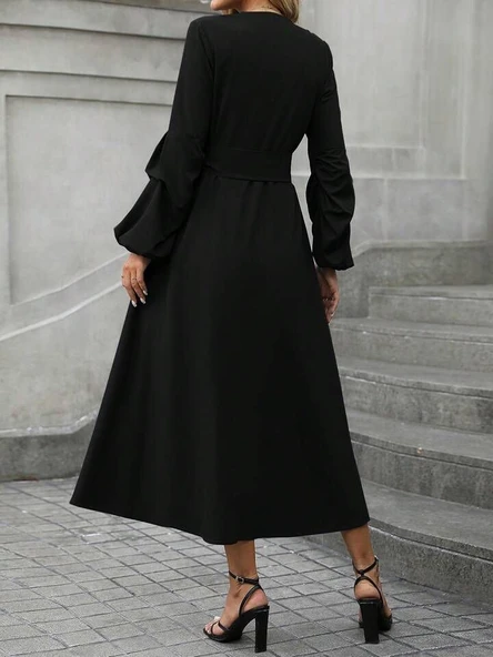 Kadın Uzun Kollu Derin V Yakalı Belden Kuşaklı önden Düğmeli Janjan Krep Elbise - Resim 4