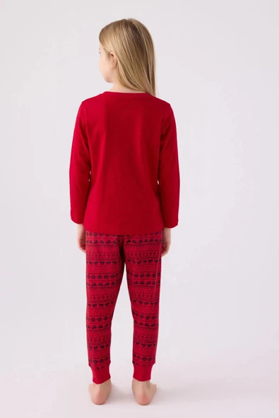 Arnetta 3106 Pamuklu Anne Kız Uzun Kollu Garson Kız Çocuk Pijama Takım KIRMIZI - Resim 10