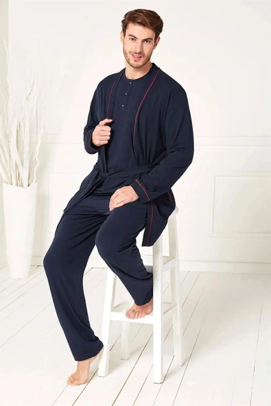 Doreanse 4500 Uzun Kollu Sabahlıklı Modal Kutulu 3 Lü Erkek Pijama Takımı LACİVERT - 1
