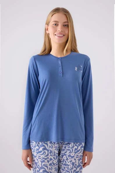 Arnetta 3069 Uzun Kollu Kadın Battal Pijama Takımı MAVİ - Resim 3