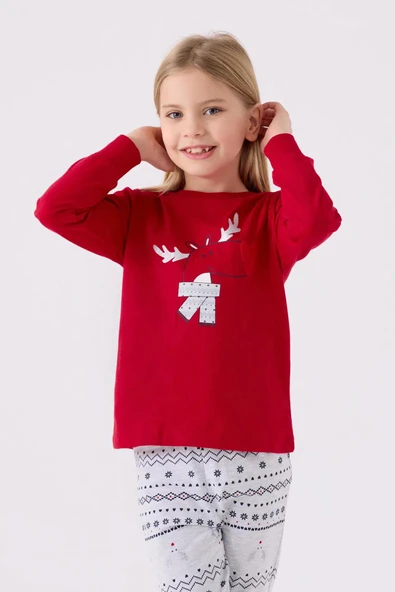 Arnetta 3052 Pamuklu Anne Kız Uzun Kollu Garson Kız Çocuk Pijama Takımı KIRMIZI - Resim 5