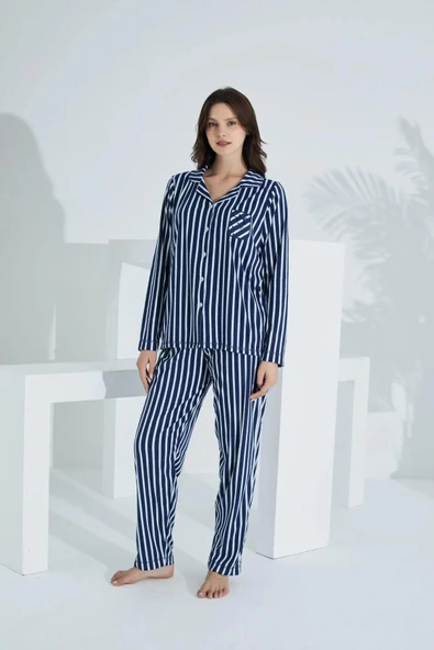 Etoile Ekstra yumuşak Kumaş Uzun Kol Pijama Takımı 98221 Lacivert ürün görseli 1