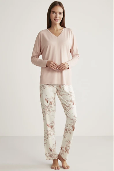 Alin 326 Yumuşak Doku Uzun Kol Kadın Pijama Takımı PUDRA ürün görseli 1