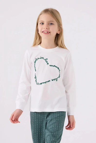 Arnetta 3050 Pamuklu Anne Kız Uzun Kollu Garson Kız Çocuk Pijama Takımı Beyaz - 3