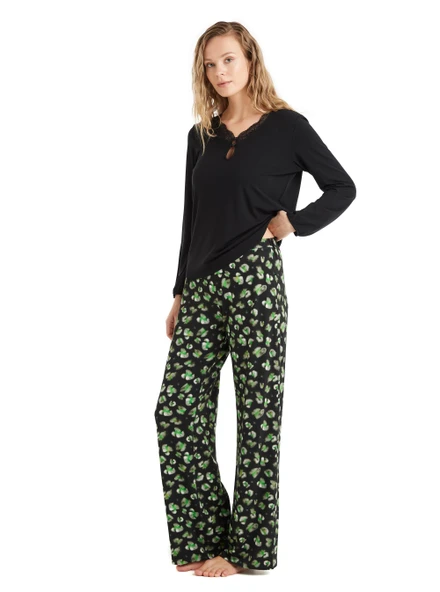 Blackspade 60507 Dantel Detaylı Uzun Kollu Kadın Pijama Takımı SİYAH - Resim 3