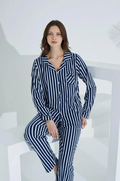 Etoile Ekstra yumuşak Kumaş Uzun Kol Pijama Takımı 98221 Lacivert - Resim 2