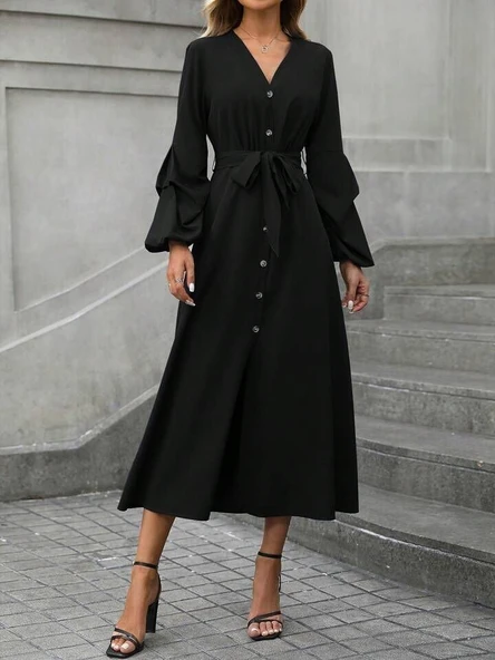 Kadın Uzun Kollu Derin V Yakalı Belden Kuşaklı önden Düğmeli Janjan Krep Elbise - Resim 3