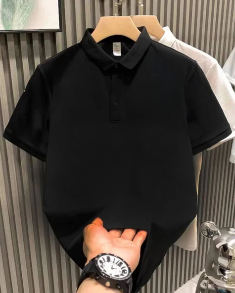 Yakası Düğmeli Yakalı Pike Düz T-Shirt - Siyah ürün görseli 1