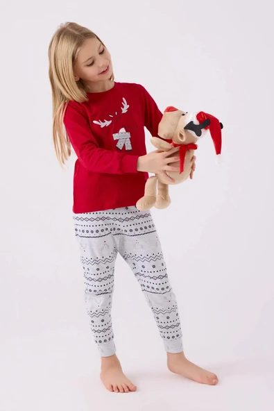 Arnetta 3052 Pamuklu Anne Kız Uzun Kollu Kız Çocuk Pijama Takımı KIRMIZI - Resim 7