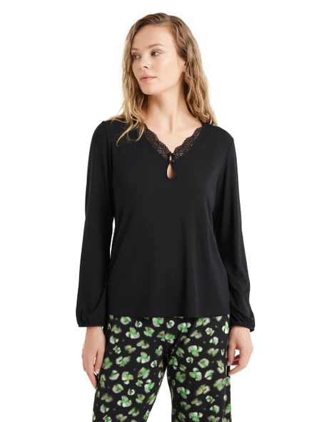 Blackspade 60507 Dantel Detaylı Uzun Kollu Kadın Pijama Takımı SİYAH - Resim 4